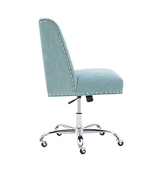 Whether your desk style is modernist, industrial or farmhouse, the Draper home office chair works wonders. Its square, modified wingback design is cool yet classic. And its plush aqua blue upholstery? A breath of fresh air. Rest assured, the chair’s smooth-gliding casters will help keep you on a roll.Made of pine wood and engineered wood with chrome-tone metal base | Foam cushioned seat | Polyester upholstery | Silvertone nailhead trim | Metal casters | Assembly required