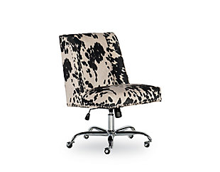 Whether your desk style is modernist, industrial or farmhouse, the Draper home office chair works wonders. Its square, modified wingback design is cool yet classic. And its plush cow print upholstery? Utterly on trend. Rest assured, the chair’s smooth-gliding casters will help keep you on a roll.Made of pine wood and engineered wood with chrome-tone metal base | Foam cushioned seat | Polyester upholstery | Silvertone nailhead trim | Metal casters | Assembly required