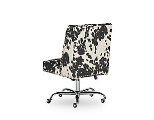 Whether your desk style is modernist, industrial or farmhouse, the Draper home office chair works wonders. Its square, modified wingback design is cool yet classic. And its plush cow print upholstery? Utterly on trend. Rest assured, the chair’s smooth-gliding casters will help keep you on a roll.Made of pine wood and engineered wood with chrome-tone metal base | Foam cushioned seat | Polyester upholstery | Silvertone nailhead trim | Metal casters | Assembly required