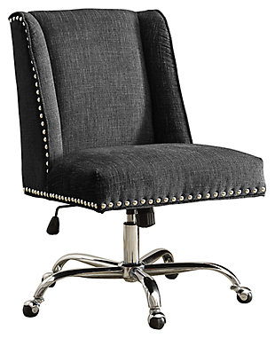Whether your desk style is modernist, industrial or farmhouse, the Draper home office chair works wonders. Its square, modified wingback design is cool yet classic. And its plush charcoal upholstery? Easy on the eyes and body. Rest assured, the chair’s smooth-gliding casters will help keep you on a roll.Made of pine wood and engineered wood with chrome-tone metal base | Foam cushioned seat | Polyester upholstery | Silvertone nailhead trim | Metal casters | Assembly required