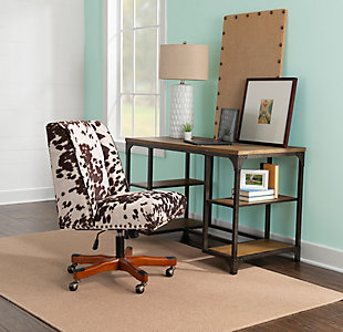 Whether your desk style is traditional, contemporary or modern farmhouse, the Draper home office chair works wonders. Its square, modified wingback design is cool yet classic. And its plush cow print upholstery? Utterly fantastic. Rest assured, the chair’s smooth-gliding casters will help keep you on a roll.Made of pine wood and engineered wood with walnut-tone wood base | Foam cushioned seat | Polyester upholstery | Antiqued bronze-tone nailhead trim | Metal casters | Assembly required