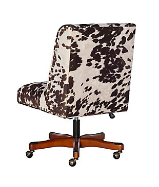 Whether your desk style is traditional, contemporary or modern farmhouse, the Draper home office chair works wonders. Its square, modified wingback design is cool yet classic. And its plush cow print upholstery? Utterly fantastic. Rest assured, the chair’s smooth-gliding casters will help keep you on a roll.Made of pine wood and engineered wood with walnut-tone wood base | Foam cushioned seat | Polyester upholstery | Antiqued bronze-tone nailhead trim | Metal casters | Assembly required