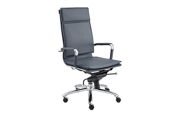 Talk about a chair made for the corner office. This high back chair is designed to elevate your style and your comfort. Elements include an exceptionally sturdy chromed steel base, padded headrest and a soft leatherette over foam cushioned seat and back. Armrests with removable sleeves enhance the form and function.Chromed steel base | Chromed steel armrests with removable sleeves | Soft leatherette over foam seat and back | 50 mm casters with stainless steel hood for easy mobility | Adjustable height | Tilt mechanism | Assembly required