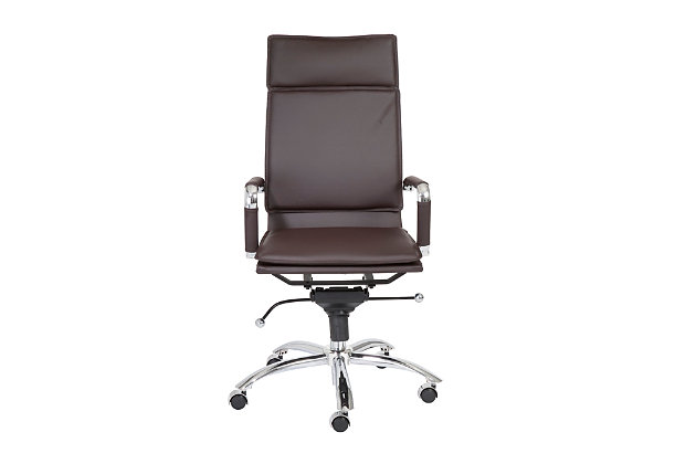Talk about a chair made for the corner office. This high back chair is designed to elevate your style and your comfort. Elements include an exceptionally sturdy chromed steel base, padded headrest and a soft leatherette over foam cushioned seat and back. Armrests with removable sleeves enhance the form and function.Chromed steel base | Chromed steel armrests with removable sleeves | Soft leatherette over foam seat and back | 50 mm casters with stainless steel hood for easy mobility | Adjustable height | Tilt mechanism | Assembly required