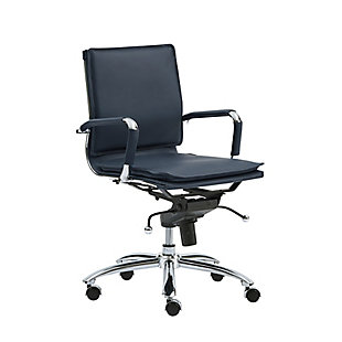 Talk about a chair made for the corner office. This low back chair is designed to elevate your style and your comfort. Elements include an exceptionally sturdy chromed steel base, padded headrest and a soft leatherette over foam cushioned seat and back. Armrests with removable sleeves enhance the form and function.Chromed steel base | Chromed steel armrests with removable sleeves | Soft leatherette over foam seat and back | 50 mm casters with stainless steel hood for easy mobility | Adjustable height | Tilt mechanism | Assembly required