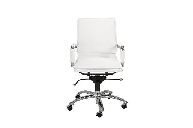 Talk about a chair made for the corner office. This low back chair is designed to elevate your style and your comfort. Elements include an exceptionally sturdy chromed steel base, padded headrest and a soft leatherette over foam cushioned seat and back. Armrests with removable sleeves enhance the form and function.Chromed steel base | Chromed steel armrests with removable sleeves | Soft leatherette over foam seat and back | 50 mm casters with stainless steel hood for easy mobility | Adjustable height | Tilt mechanism | Assembly required