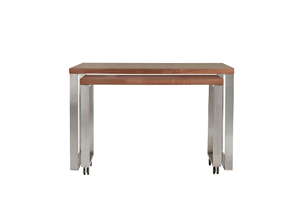 Make it work in an ultra clean-lined way with this masterfully modern desk. Brilliantly simple for timeless appeal, it’s dressed to impress with a brushed stainless steel base and walnut veneer/engineered wood top to complement your minimalist mindset.Brushed stainless steel base | Walnut veneer/engineered wood top | Easy to clean | Assembly required
