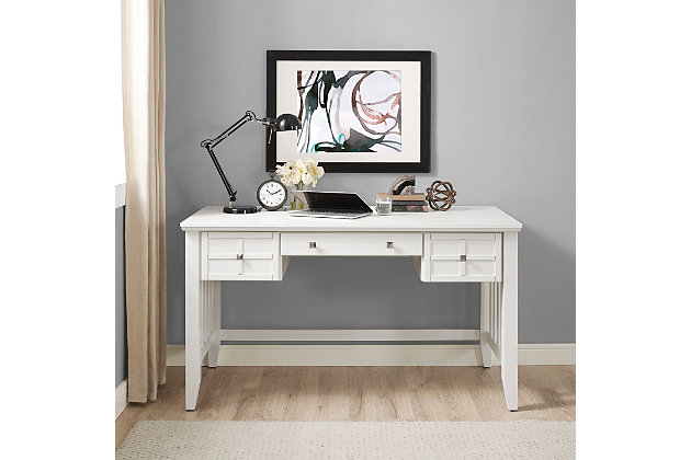 If you agree a timeless sense of style works, then you’ll love the aesthetic this computer desk brings to your home office. Inspired by mission design, this desk is dressed to impress with clean lines and minimal fuss. Slide out the keyboard drawer for tidy typing, and use the lower gliding drawers to keep clutter at bay.Made of solid hardwood and wood veneers | Mission-inspired design | Keyword drawer | 2 side storage drawers with full extension glides for maximum access | Assembly required