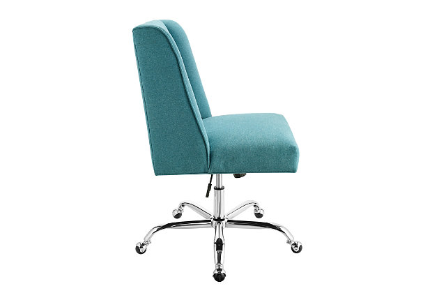 This transitional upholstered swivel chair will help you stay comfortable and focused while you're working. Featuring a chrome-tone swivel base and a mermaid blue fabric, this armless chair will provide a pop of cheerful color in any space. The adjustable height makes it a convenient and ideal chair for anyone's office space.This transitional upholstered swivel chair will help you stay comfortable and focused while you're working. Featuring a chrome-tone swivel base and a mermaid blue fabric, this armless chair will provide a pop of cheerful color in any space. The adjustable height makes it a convenient and ideal chair for anyone's office space. | This transitional upholstered swivel chair will help you stay comfortable and focused while you're working. Featuring a chrome-tone swivel base and a mermaid blue fabric, this armless chair will provide a pop of cheerful color in any space. The adjustable height makes it a convenient and ideal chair for anyone's office space. | Made of sturdy pine wood and metal | Chrome-tone base; casters for easy mobility | Skillfully upholstered cushions in colorful fabric | Made with industrial grade gas lift and tilt mechanism | Seat height adjustable from 19.75" - 23.75" | Assembly required
