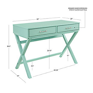 This campaign-style, two-drawer desk is the perfect option for any home, office or dorm room. The simple design and X-frame legs will save you space, while still providing plenty of room for your books, laptop, tablet or mail. Two drawers add additional storage space for things you'd like to keep tucked away. Smooth pastel turquoise finish will complement any decor color scheme.This campaign-style, two-drawer desk is the perfect option for any home, office or dorm room. The simple design and x-frame legs will save you space, while still providing plenty of room for your books, laptop, tablet or mail. Two drawers add additional storage space for things you'd like to keep tucked away. Smooth pastel turquoise finish will complement any decor color scheme. | This campaign-style, two-drawer desk is the perfect option for any home, office or dorm room. The simple design and x-frame legs will save you space, while still providing plenty of room for your books, laptop, tablet or mail. Two drawers add additional storage space for things you'd like to keep tucked away. Smooth pastel turquoise finish will complement any decor color scheme. | Made of sturdy pine wood | Painted turqoise finish | Ample surface space | 2 drawers with metal hardware keep office supplies organized | Supports up to 100 lbs. | Assembly required