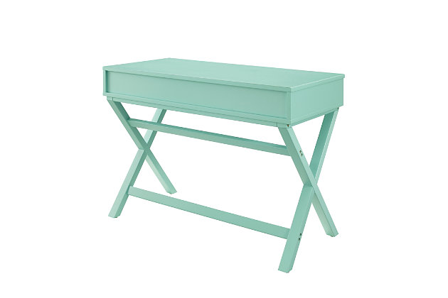This campaign-style, two-drawer desk is the perfect option for any home, office or dorm room. The simple design and X-frame legs will save you space, while still providing plenty of room for your books, laptop, tablet or mail. Two drawers add additional storage space for things you'd like to keep tucked away. Smooth pastel turquoise finish will complement any decor color scheme.This campaign-style, two-drawer desk is the perfect option for any home, office or dorm room. The simple design and x-frame legs will save you space, while still providing plenty of room for your books, laptop, tablet or mail. Two drawers add additional storage space for things you'd like to keep tucked away. Smooth pastel turquoise finish will complement any decor color scheme. | This campaign-style, two-drawer desk is the perfect option for any home, office or dorm room. The simple design and x-frame legs will save you space, while still providing plenty of room for your books, laptop, tablet or mail. Two drawers add additional storage space for things you'd like to keep tucked away. Smooth pastel turquoise finish will complement any decor color scheme. | Made of sturdy pine wood | Painted turqoise finish | Ample surface space | 2 drawers with metal hardware keep office supplies organized | Supports up to 100 lbs. | Assembly required