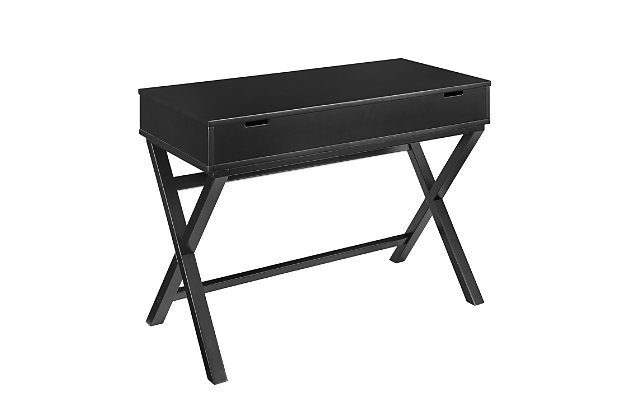 This campaign-style lift-top desk is the perfect option for any home, office or dorm room. The lift top allows you to stand while working or studying. The simple design and X-frame legs will save you space, while still providing plenty of room for your books, laptop, tablet or mail. Lift top provides tons of additional storage space for things you'd like to keep tucked away. Smooth black finish will complement any decor color scheme.This campaign-style lift-top desk is the perfect option for any home, office or dorm room. The lift top allows you to stand while working or studying. The simple design and x-frame legs will save you space, while still providing plenty of room for your books, laptop, tablet or mail. Lift top provides tons of additional storage space for things you'd like to keep tucked away. Smooth black finish will complement any decor color scheme. | This campaign-style lift-top desk is the perfect option for any home, office or dorm room. The lift top allows you to stand while working or studying. The simple design and x-frame legs will save you space, while still providing plenty of room for your books, laptop, tablet or mail. Lift top provides tons of additional storage space for things you'd like to keep tucked away. Smooth black finish will complement any decor color scheme. | Made of sturdy pine wood | Painted black finish | Serves as a standing desk | Unique lift-top design keeps office supplies organized | Cutout handles; hardware-free design | Assembly required