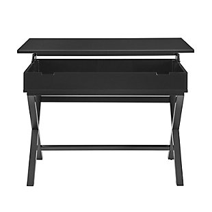 This campaign-style lift-top desk is the perfect option for any home, office or dorm room. The lift top allows you to stand while working or studying. The simple design and X-frame legs will save you space, while still providing plenty of room for your books, laptop, tablet or mail. Lift top provides tons of additional storage space for things you'd like to keep tucked away. Smooth black finish will complement any decor color scheme.This campaign-style lift-top desk is the perfect option for any home, office or dorm room. The lift top allows you to stand while working or studying. The simple design and x-frame legs will save you space, while still providing plenty of room for your books, laptop, tablet or mail. Lift top provides tons of additional storage space for things you'd like to keep tucked away. Smooth black finish will complement any decor color scheme. | This campaign-style lift-top desk is the perfect option for any home, office or dorm room. The lift top allows you to stand while working or studying. The simple design and x-frame legs will save you space, while still providing plenty of room for your books, laptop, tablet or mail. Lift top provides tons of additional storage space for things you'd like to keep tucked away. Smooth black finish will complement any decor color scheme. | Made of sturdy pine wood | Painted black finish | Serves as a standing desk | Unique lift-top design keeps office supplies organized | Cutout handles; hardware-free design | Assembly required