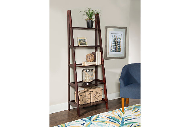 This ladder bookshelf is the perfect option for any home, office or dorm that needs extra display and storage space as well as an extra dose of style. The minimalistic wooden frame and open shelves will create a neat, spacious aesthetic. The beautiful dark cherry wood finish will complement any decor color scheme.Made of sturdy wood | Dark cherry wood finish | 5 shelves offer plenty of storage and display space | Supports up to 50 lbs. | Graduated effect styling | Assembly required