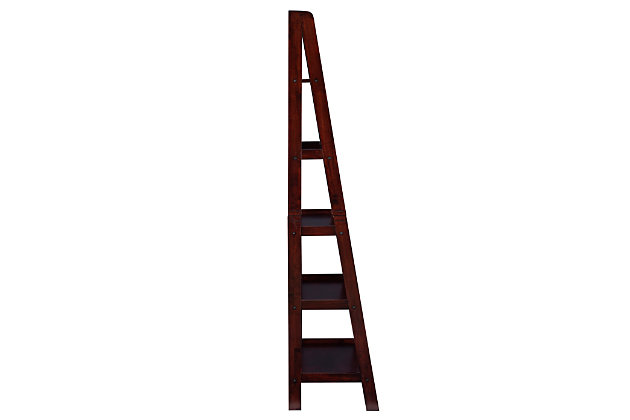 This ladder bookshelf is the perfect option for any home, office or dorm that needs extra display and storage space as well as an extra dose of style. The minimalistic wooden frame and open shelves will create a neat, spacious aesthetic. The beautiful dark cherry wood finish will complement any decor color scheme.Made of sturdy wood | Dark cherry wood finish | 5 shelves offer plenty of storage and display space | Supports up to 50 lbs. | Graduated effect styling | Assembly required