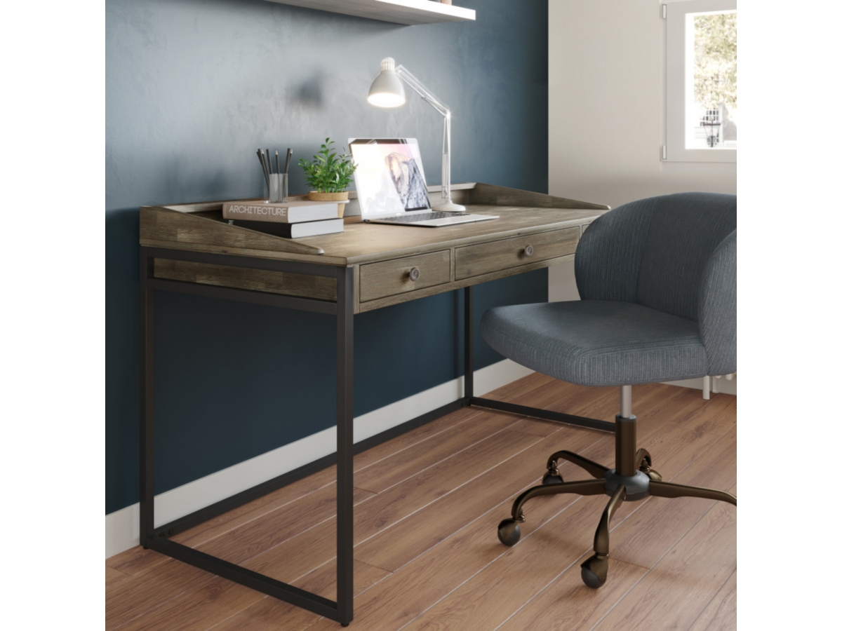 Simpli Home Ralston Solid Acacia Wood Modern Industrial 60" Writing Desk, Gray, large