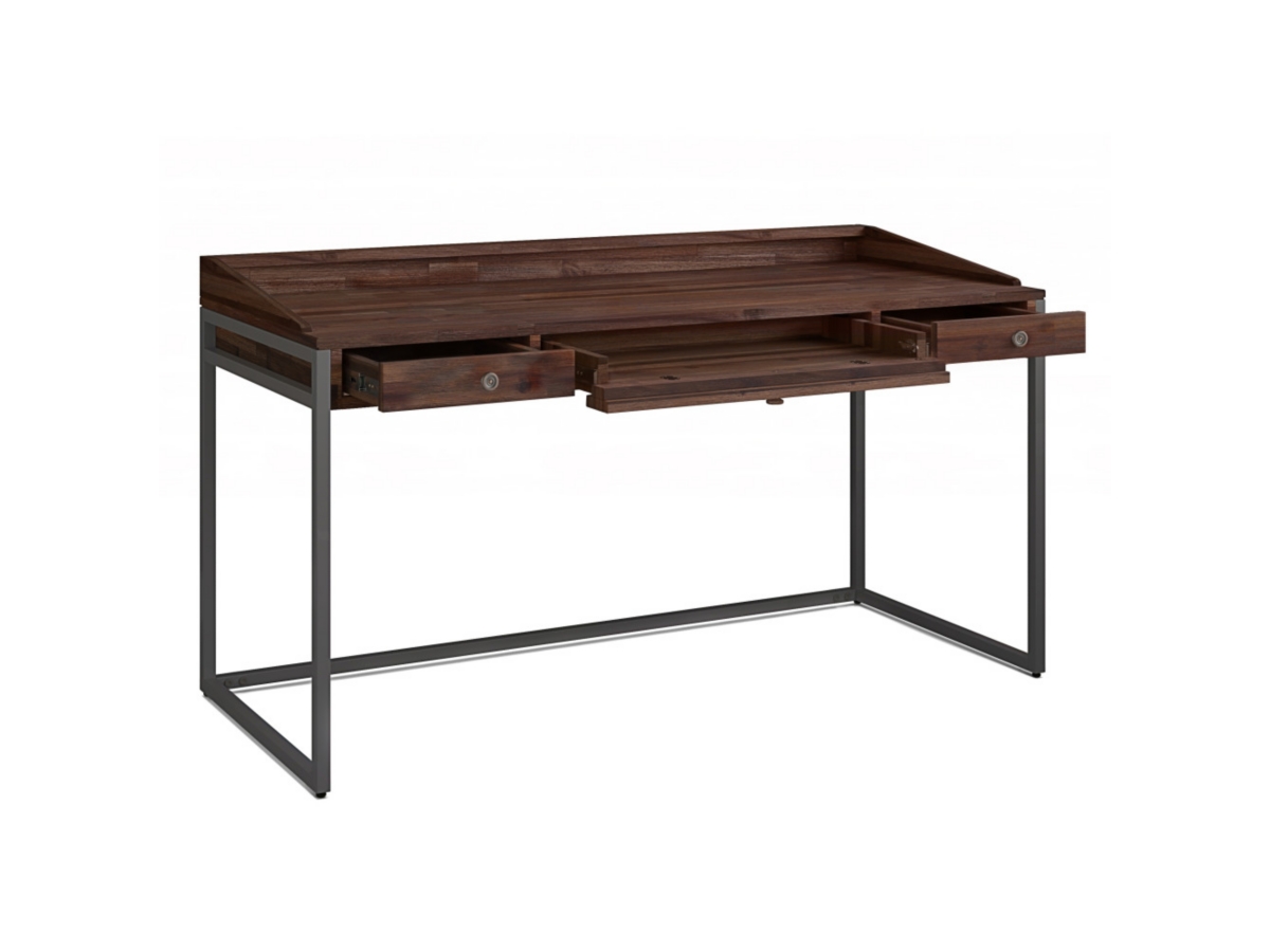 Simpli Home Ralston Solid Acacia Wood Modern Industrial 60" Writing Desk, Dark Brown, large