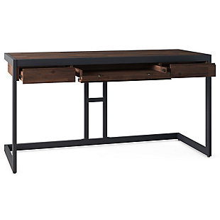 Combine industrial style and modern function with this writing desk. Generous in size and crafted of acacia woods and metal, this desk offers a spacious top surface and keyboard tray for added convenience. Two side drawers keep office essentials out of sight yet close at hand. It is a versatile and stylish addition to your home or office work space.DIMENSIONS: 24" d x 60"w x 26.6"h | Handcrafted with care using the finest quality solid Acacia Hardwood and metal | Hand-finished with a Distressed Charcoal Brown finish and a protective NC lacquer coating to accentuate and highlight the grain and the uniqueness of each piece of furniture | Multipurpose desk adds function and style without overwhelming the space. Looks great in your living room, family room, home office, bedroom or condo. Provides plenty of space for office work, studying, writing or gaming | Features a flip down pull-out keyboard tray and two (2) drawers with metal drawer glides | Industrial contemporary design includes matte black metal frame and base | Assembly Required | We believe in creating excellent, high quality products made from the finest materials at an affordable price. Every one of our products come with a 1-year warranty and easy returns if you are not satisfied.