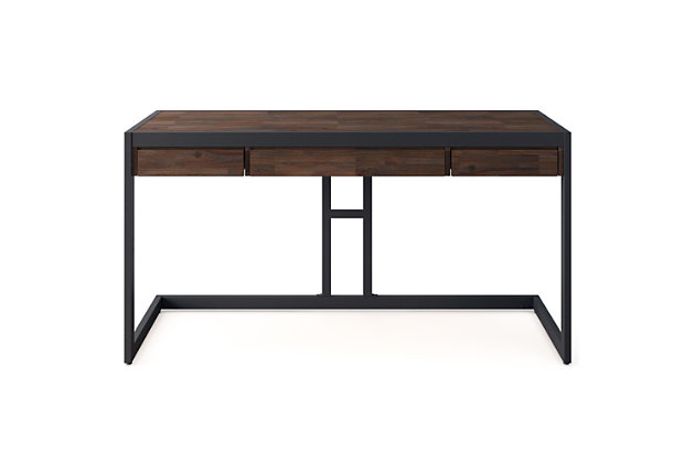 Combine industrial style and modern function with this writing desk. Generous in size and crafted of acacia woods and metal, this desk offers a spacious top surface and keyboard tray for added convenience. Two side drawers keep office essentials out of sight yet close at hand. It is a versatile and stylish addition to your home or office work space.DIMENSIONS: 24" d x 60"w x 26.6"h | Handcrafted with care using the finest quality solid Acacia Hardwood and metal | Hand-finished with a Distressed Charcoal Brown finish and a protective NC lacquer coating to accentuate and highlight the grain and the uniqueness of each piece of furniture | Multipurpose desk adds function and style without overwhelming the space. Looks great in your living room, family room, home office, bedroom or condo. Provides plenty of space for office work, studying, writing or gaming | Features a flip down pull-out keyboard tray and two (2) drawers with metal drawer glides | Industrial contemporary design includes matte black metal frame and base | Assembly Required | We believe in creating excellent, high quality products made from the finest materials at an affordable price. Every one of our products come with a 1-year warranty and easy returns if you are not satisfied.