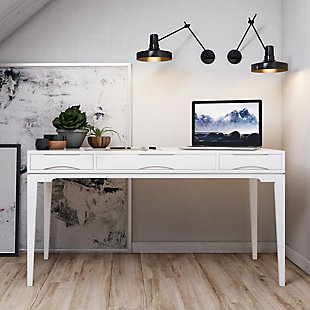 Simpli Home Harper Solid Hardwood Mid Century Modern 60" Desk, White, rollover