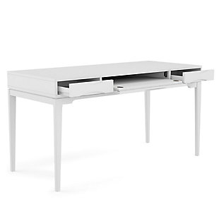 Combine contemporary style and modern function with this writing desk. Crafted of solid hardwood and generous in size, this desk offers a spacious top surface and includes a keyboard tray for added convenience. Two notched handle drawers provide plenty of space for small office supplies. Working from home never felt so good.DIMENSIONS: 26" D x 60" W x 31.5" H | Handcrafted using the finest quality solid rubberwood hardwood | Hand-finished with a White Finish and a protective NC lacquer | Multipurpose desk adds function and style without overwhelming the space. Looks great in your living room, family room, home office, bedroom or condo. Provides plenty of space for office work, studying, writing or gaming | Features a flip down pull-out keyboard tray  and two (2) notched handle drawers with metal drawer glides | Contemporary twist on a mid-century design | Assembly required | We believe in creating excellent, high quality products made from the finest materials at an affordable price. Every one of our products come with a 1-year warranty and easy returns if you are not satisfied.
