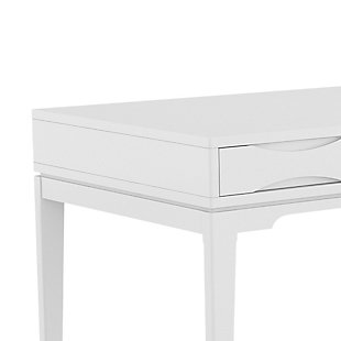 Combine contemporary style and modern function with this writing desk. Crafted of solid hardwood and generous in size, this desk offers a spacious top surface and includes a keyboard tray for added convenience. Two notched handle drawers provide plenty of space for office supplies. Wor from home never felt so good.DIMENSIONS: 26" D x 60" W x 31.5" H | Handcrafted using the finest quality solid rubberwood hardwood | Hand-finished with a White Finish and a protective NC lacquer | Multipurpose desk adds function and style without overwhelming the space. Looks great in your living room, family room, home office, bedroom or condo. Provides plenty of space for office work, studying, writing or gaming | Features a flip down pull-out keyboard tray and two (2) notched handle drawers with metal drawer glides | Contemporary twist on a mid-century design | Assembly required | We believe in creating excellent, high quality products made from the finest materials at an affordable price. Every one of our products come with a 1-year warranty and easy returns if you are not satisfied.