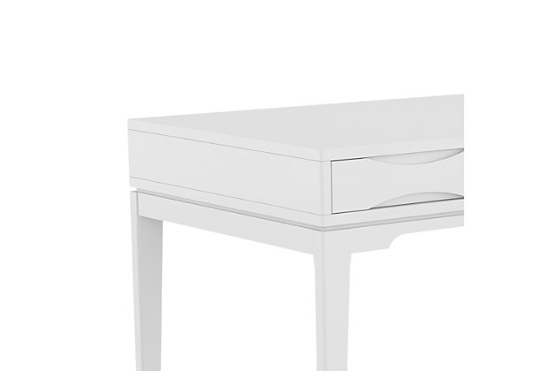 Combine contemporary style and modern function with this writing desk. Crafted of solid hardwood and generous in size, this desk offers a spacious top surface and includes a keyboard tray for added convenience. Two notched handle drawers provide plenty of space for office supplies. Wor from home never felt so good.DIMENSIONS: 26" D x 60" W x 31.5" H | Handcrafted using the finest quality solid rubberwood hardwood | Hand-finished with a White Finish and a protective NC lacquer | Multipurpose desk adds function and style without overwhelming the space. Looks great in your living room, family room, home office, bedroom or condo. Provides plenty of space for office work, studying, writing or gaming | Features a flip down pull-out keyboard tray and two (2) notched handle drawers with metal drawer glides | Contemporary twist on a mid-century design | Assembly required | We believe in creating excellent, high quality products made from the finest materials at an affordable price. Every one of our products come with a 1-year warranty and easy returns if you are not satisfied.
