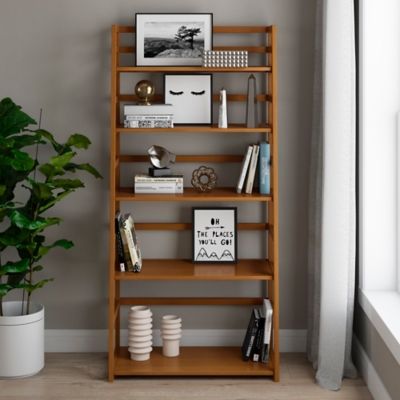 Simpli Home Acadian Ladder Shelf Bookcase, Light Golden Brown, large