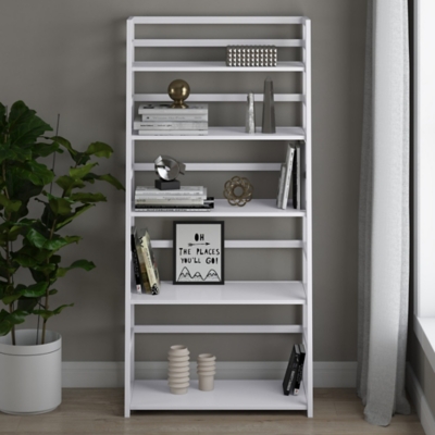 Simpli Home Acadian Rustic Ladder Shelf Bookcase, White, large