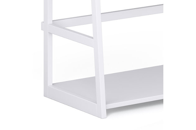 Sometimes a room calls for a light and airy touch. This ladder-style bookcase is easy to assemble, easy to install and beautiful to behold. The unit can be used alone or in multiples to create a wall storage system. With its five sturdy shelves, this ladder shelf system is designed for flexible storage for books, bath towels, dishes, sculptures or decorative accents. Versatile and space-saving, it works in the kitchen, dining room, bathroom or laundry room—wherever a little order is in order.DIMENSIONS: 30” W x 15.9” D x 63”H | Handcrafted with care using the finest quality solid wood | Hand-finished in White with a protective NC lacquer | Features five (5) wide shelves to offer ample room for storage | Multipurpose  unit offers plenty of functional storage. Looks great in your living room, bedroom, condo or office | Transitional Style, created to be used on its own or in multiples to create full wall shelving systems | Assembly required | We believe in creating excellent, high quality products made from the finest materials at an affordable price. Every one of our products come with a 1-year warranty and easy returns if you are not satisfied.