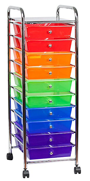 Keep your home organized and neat with this multi-drawer rolling cart. Made from heavy duty chrome plated metal, 10 color-coded drawers help keep homework, house accounts and school supplies organized and easy to find. Rolling caster wheels make moving this handy helper a breeze.Removable color-coded drawers make it easy to organize everything | 10 drawers to store household essentials, office supplies, arts and crafts, toys, books, and more | Move freely around the house with its smooth-rolling caster wheels | Made of chrome plated steel with colorful plastic drawers | Assembly required