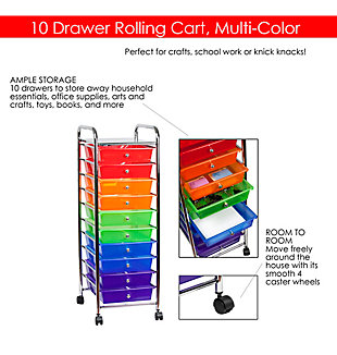 Keep your home organized and neat with this multi-drawer rolling cart. Made from heavy duty chrome plated metal, 10 color-coded drawers help keep homework, house accounts and school supplies organized and easy to find. Rolling caster wheels make moving this handy helper a breeze.Removable color-coded drawers make it easy to organize everything | 10 drawers to store household essentials, office supplies, arts and crafts, toys, books, and more | Move freely around the house with its smooth-rolling caster wheels | Made of chrome plated steel with colorful plastic drawers | Assembly required