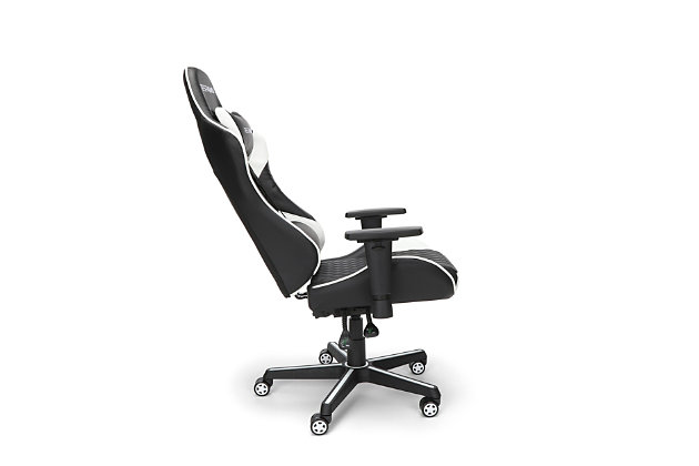 You battle with your wits, keyboard shortcuts take down your foes, so your gaming chair should be your greatest asset. With the RESPAWN® 100, in White, you can stay comfortable and focused with tilt and lift controls on the right, beneath the chair, and 2D armrest controls at your fingertips. The 130-degree tilt recline allows you to find the perfect angle while the attached adjustable head and lumbar pillows can be positioned for customized support. This gaming chair features bonded leather and a maximum capacity of 275 lbs. An award-nominated brand, RESPAWN is committed to your satisfaction and covers this racing style gaming chair with our RESPAWN Limited Warranty. The RSP-100 gives you an easy ride to the top of the leaderboard.GAMIFIED SEATING: A racecar-style gaming chair that provides luxury and comfort, whether it's used for intense gaming sessions and climbing to the top of the leaderboards or long work days. | ERGONOMIC COMFORT: This ergonomic chair has a steel tube frame design encased in molded foam which allows for highly-contoured support when and where you need it most. Adjustable headrest and lumbar support pillows provide comfort that lasts. | 4D ADJUSTABILITY: Find your optimal position by raising or lowering your chair, tweaking the height and depth of your armrests and reclining between 90 - 130 degrees with infinite angle lock. Full 360 degrees of swivel rotation enable dynamic movement. | PREMIUM MAKE: Upholstered in bonded leather in bold, contrasting colors but maintains a professional look, this gamer chair can also be used as an office chair. Includes a 275 pound weight capacity for long-lasting use. | WE'VE GOT YOUR BACK: An award-nominated brand, RESPAWN is committed to your satisfaction and covers this video game chair with the RESPAWN Limited Warranty and dedicated, year-round representative support. | RESPAWN Limited Warranty