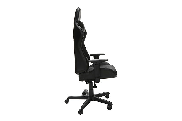 You battle with your wits, keyboard shortcuts take down your foes, so your gaming chair should be your greatest asset. With the RESPAWN® 100, in Black, you can stay comfortable and focused with tilt and lift controls on the right, beneath the chair, and 2D armrest controls at your fingertips. The 130-degree tilt recline allows you to find the perfect angle while the attached adjustable head and lumbar pillows can be positioned for customized support. This gaming chair features bonded leather and a maximum capacity of 275 lb. An award-nominated brand, RESPAWN is committed to your satisfaction and covers this racing style gaming chair with our RESPAWN Limited Warranty. The RSP-100 gives you an easy ride to the top of the leaderboard.GAMIFIED SEATING: A racecar-style gaming chair that provides luxury and comfort, whether it's used for intense gaming sessions and climbing to the top of the leaderboards or long work days. | ERGONOMIC COMFORT: This ergonomic chair has a steel tube frame design encased in molded foam which allows for highly-contoured support when and where you need it most. Adjustable headrest and lumbar support pillows provide comfort that lasts. | 4D ADJUSTABILITY: Find your optimal position by raising or lowering your chair, tweaking the height and depth of your armrests and reclining between 90 - 130 degrees with infinite angle lock. Full 360 degrees of swivel rotation enable dynamic movement. | PREMIUM MAKE: Upholstered in bonded leather in bold, contrasting colors but maintains a professional look, this gamer chair can also be used as an office chair. Includes a 275 pound weight capacity for long-lasting use. | WE'VE GOT YOUR BACK: An award-nominated brand, RESPAWN is committed to your satisfaction and covers this video game chair with the RESPAWN Limited Warranty and dedicated, year-round representative support. | OFM Limited Warranty