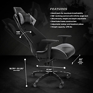 When the game heats up, stay calm and cool with the RESPAWN® 200 mesh back gaming chair, in Gray. Featuring an innovative mesh backing, with a bonded leather seat, the RSP-200 helps keep you cool with maximum breathability. The tilt and lift controls are located to the right, beneath the seat base, and the gaming chair features tilt tension adjustment to control the speed of the 130-degree recline. The lumbar support is behind the mesh seat back and adjusts up and down, as well as pivots, allowing you to position it for the most comfort. The armrests are height adjustable and the seat can hold up to 275 lb. With 25 years of ergonomic workplace furniture experience, RESPAWN builds gaming furniture that is both durable and comfortable. An award-nominated brand, RESPAWN is committed to your satisfaction and covers this desk with our RESPAWN Limited Warranty. If you’re looking to stay cool, even during a heated match, the RSP-200 is your chair to pull off the win.GAMIFIED SEATING: A racecar-style gaming chair that provides luxury and comfort, whether it's used for intense gaming sessions and climbing to the top of the leaderboards or long work days. | ERGONOMIC COMFORT: This ergonomic chair has a steel tube frame design encased in molded foam which allows for highly-contoured support and an open back seat structure that allows for additional heat control. The adjustable headrest and pivoting lumbar support deliver comfort that lasts. | 4D ADJUSTABILITY: Find your optimal position by raising or lowering your chair, tweaking the height and depth of your armrests and reclining between 90 - 130 degrees with infinite angle lock. Full 360 degrees of swivel rotation enable dynamic movement. | PROFESSIONAL GRADE: Stay cool and in control. A reinforced mesh backing increases airflow to regulate body temperature and enable lightweight support. Use as a gamer chair or an office chair. Includes 275 pound weight capacity. | WE'VE GOT YOUR BACK: An award-nominated brand, RESPAWN is committed to your satisfaction and covers this video game chair with the RESPAWN Limited Warranty and dedicated, year-round representative support. | RESPAWN Limited Warranty