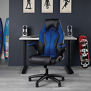OFM Essentials Collection High-Back Racing Style Bonded Leather Gaming Chair, Blue, rollover