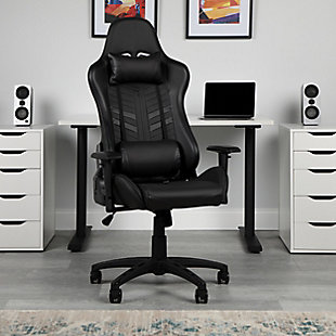 The Essentials by OFM Model ESS-6065 Racing Style Gaming Chair has a 180 degree reclining back angle adjustment. Its additional swivel/tilt control is manipulated with tension adjustment. This gaming chair has adjustable arm height and a folding base. The steel tube frame construction is ergonomically shaped to hold you in position. Also features adjustable lumbar and headrest pillow. Backed by our Essentials by OFM Limited Lifetime Warranty.This chair is a stylish addition to your gaming station or a unique touch to your office. Features an exhilarating race-car style and feel. | Relax in sheer comfort as the additional swivel/tilt control eases tension in your body and the tension adjustments please a variety of body types | Create a heavenly feel with the adjustable armrests and adjustable lumbar support | The steel tube frame construction provides ultimate stability, as it is ergonomically shaped to hold you in place | The 180 degree reclining back and adjustable angle make every second you are in the chair more relaxing than the last | OFM Limited Warranty