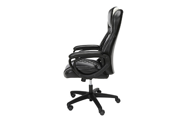 The OFM Essentials Collection Racing Style SofThread Leather High Back Office Chair features materials that provide superior luxury and comfort, even during long, intense work hours. The seating experience is elevated by the premium thread stitched diamond pattern that provides a sophisticated detail and adds an extra dimension of comfort. The computer chair features contoured, segmented ultra-plush padding and is upholstered in pitted, breathable SofThread leather that provides a luxurious feel to the touch. The integrated headrest and lumbar support keep you cushioned and supported while the padded arms provide structure and all-day support fitting an executive chair. Ergonomic touches like center-tilt mechanism, tilt tension and pneumatic height adjustment allows you to customize the seat to your needs while the five-star molded base and 360-degree swivel give you the best base support. This multi-purpose chair features a 250 lb weight capacity and is backed by the OFM Limited Warranty.Materials and make provide superior luxury and comfort | Premium thread stitched diamond pattern | Contoured, segmented ultra-plush padding | Pitted, breathable SofThread leather | Integrated headrest | OFM Limited Warranty