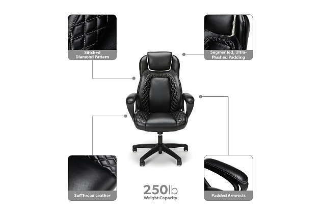 The OFM Essentials Collection Racing Style SofThread Leather High Back Office Chair features materials that provide superior luxury and comfort, even during long, intense work hours. The seating experience is elevated by the premium thread stitched diamond pattern that provides a sophisticated detail and adds an extra dimension of comfort. The computer chair features contoured, segmented ultra-plush padding and is upholstered in pitted, breathable SofThread leather that provides a luxurious feel to the touch. The integrated headrest and lumbar support keep you cushioned and supported while the padded arms provide structure and all-day support fitting an executive chair. Ergonomic touches like center-tilt mechanism, tilt tension and pneumatic height adjustment allows you to customize the seat to your needs while the five-star molded base and 360-degree swivel give you the best base support. This multi-purpose chair features a 250 lb weight capacity and is backed by the OFM Limited Warranty.Materials and make provide superior luxury and comfort | Premium thread stitched diamond pattern | Contoured, segmented ultra-plush padding | Pitted, breathable SofThread leather | Integrated headrest | OFM Limited Warranty