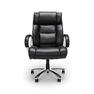 Treat yourself to the comfort and luxury of a traditional executive chair, with the OFM Avenger Series Big and Tall Bonded Leather Executive Office Chair. This corner office seating solution features soft to the touch bonded leather with five distinct padded zones that deliver total body cushioning for continuous seating relief. Comfort is this computer chair's aim, with the built-in padded headrest and the padded lumbar region, both provide subtle support throughout the day. Big and tall users have unique needs, this office chair features steel-reinforced padded fixed loop arms that provide strength and security while shifting positions. Bringing a polished contemporary look to any office, this desk chair features chrome-tone accents from the 5-star base to the reinforced arms. Ergonomic features like center-tilt, tilt tension and pneumatic height adjustment allow you to customize the chair to your needs. This big and tall chair holds users up to 500 lb and measures 32" D x 30" W x 44.50" - 49" H. This executive chair is backed by the OFM Limited Warranty.Bonded leather executive chair | Steel reinforced padded fixed loop arms | Built-in headrest | Padded lumbar region | Five padding zones provide all-day comfort | OFM Limited Warranty