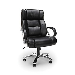 Treat yourself to the comfort and luxury of a traditional executive chair, with the OFM Avenger Series Big and Tall Bonded Leather Executive Office Chair. This corner office seating solution features soft to the touch bonded leather with five distinct padded zones that deliver total body cushioning for continuous seating relief. Comfort is this computer chair's aim, with the built-in padded headrest and the padded lumbar region, both provide subtle support throughout the day. Big and tall users have unique needs, this office chair features steel-reinforced padded fixed loop arms that provide strength and security while shifting positions. Bringing a polished contemporary look to any office, this desk chair features chrome-tone accents from the 5-star base to the reinforced arms. Ergonomic features like center-tilt, tilt tension and pneumatic height adjustment allow you to customize the chair to your needs. This big and tall chair holds users up to 500 lb and measures 32" D x 30" W x 44.50" - 49" H. This executive chair is backed by the OFM Limited Warranty.Bonded leather executive chair | Steel reinforced padded fixed loop arms | Built-in headrest | Padded lumbar region | Five padding zones provide all-day comfort | OFM Limited Warranty