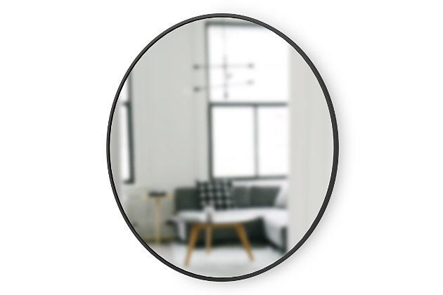 See what you’ve been missing with the uniquely chic Hub black round wall mirror. Its innovative rubber frame looks cool and provides a protective bumper, making it ideal for high-traffic areas. The reflective surface of this generously sized 37" round mirror makes the most of natural light so your space feels bigger and brighter.Black rubber frame | Mirrored glass | Fashionable and forgiving rubber frame ideal for high-traffic areas | 37" in diameter | Ready to hang