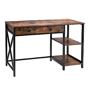 Be productive at home—and look great in the process—with this executive home office computer desk. Designed for those with an eye for urban industrial and modern rustic furnishings, this sleek, high-quality desk works on so many levels. Pair of open shelves and spacious supply drawer with hardware-less front exemplify minimalism at its best.Made of engineered wood with rustic brown finish | Black steel frame | 2 built-in shelves | Storage drawer | Assembly required