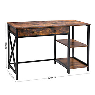 Be productive at home—and look great in the process—with this executive home office computer desk. Designed for those with an eye for urban industrial and modern rustic furnishings, this sleek, high-quality desk works on so many levels. Pair of open shelves and spacious supply drawer with hardware-less front exemplify minimalism at its best.Made of engineered wood with rustic brown finish | Black steel frame | 2 built-in shelves | Storage drawer | Assembly required