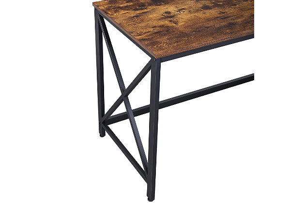 Be productive at home—and look great in the process—with this industrial iron frame computer desk. Designed for those with an eye for urban industrial and modern rustic furnishings, this sleek, high-quality desk works on so many levels. What a striking example of minimalism mastered.Made of engineered wood with rustic brown finish | Black steel frame | Assembly required