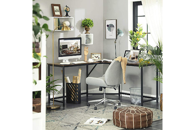 Be productive at home—and look great in the process—with this L-shaped corner computer desk. Designed for those with an eye for urban industrial and modern rustic furnishings, this sleek, high-quality desk works on so many levels. What a striking example of minimalism mastered. Complete with a cutout for cord management, it makes a great gaming desk, too.Made of engineered wood with rustic brown finish | Black steel frame | L-shaped corner desk | Cutout in the back corner for easy cable management | Holds up to 110 pounds | Assembly required