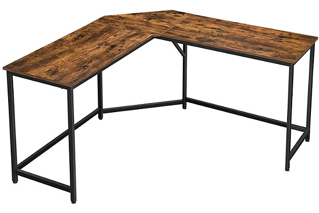 Be productive at home—and look great in the process—with this L-shaped corner computer desk. Designed for those with an eye for urban industrial and modern rustic furnishings, this sleek, high-quality desk works on so many levels. What a striking example of minimalism mastered. Complete with a cutout for cord management, it makes a great gaming desk, too.Made of engineered wood with rustic brown finish | Black steel frame | L-shaped corner desk | Cutout in the back corner for easy cable management | Holds up to 110 pounds | Assembly required