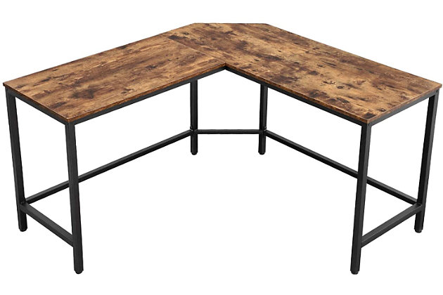 Be productive at home—and look great in the process—with this L-shaped corner computer desk. Designed for those with an eye for urban industrial and modern rustic furnishings, this sleek, high-quality desk works on so many levels. What a striking example of minimalism mastered. Complete with a cutout for cord management, it makes a great gaming desk, too.Made of engineered wood with rustic brown finish | Black steel frame | L-shaped corner desk | Cutout in the back corner for easy cable management | Includes leveling feet for stability | Holds up to 110 pounds | Assembly required