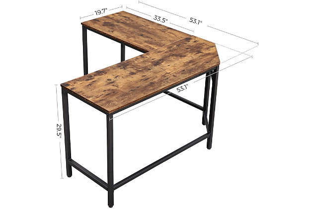 Be productive at home—and look great in the process—with this L-shaped corner computer desk. Designed for those with an eye for urban industrial and modern rustic furnishings, this sleek, high-quality desk works on so many levels. What a striking example of minimalism mastered. Complete with a cutout for cord management, it makes a great gaming desk, too.Made of engineered wood with rustic brown finish | Black steel frame | L-shaped corner desk | Cutout in the back corner for easy cable management | Includes leveling feet for stability | Holds up to 110 pounds | Assembly required
