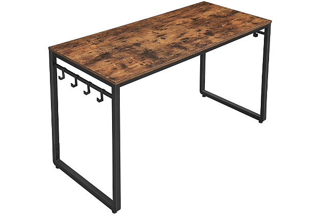 Combining robust materials with a clean, no-frills aesthetic, this 55" computer desk makes wor hard look easy. Designed for those with an eye for urban industrial and modern rustic furnishings, this simply chic, high-quality desk works on so many levels and can fit right into the scene. With a weight capacity of up to 110 pounds, it’s plenty sturdy—offering room for a printer, reading lamp, stack of books and more. Eight hooks along the sides accommodate your headset/earphones, cables, pencil pouches, purses and personal storage hacks you might want to hang.Made of engineered wood with rustic brown finish | Black steel frame | Includes 8 hooks (4 on each side) | Holds up to 110 pounds | Assembly required